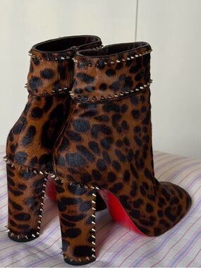 Christian Louboutin Leopard Print Studded Ankle Boots - Brown & Black